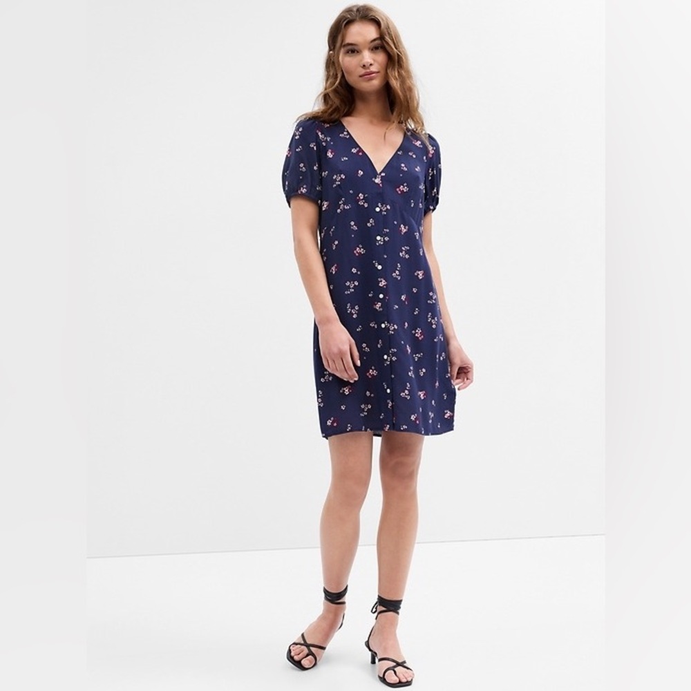 (A10) NWT GAP Navy Blue Floral Print Puff‎ Sleeve Casual Lifestyle Mini Dress XL